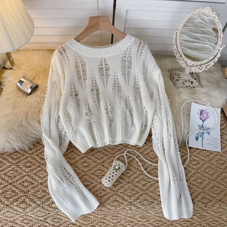 Свободный короткий свитер с вырезами вязаная Солнцезащитная рубашка джемпер