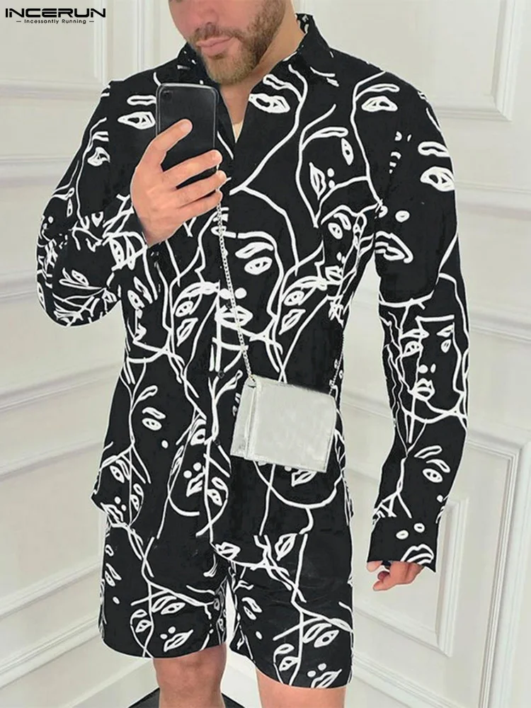 

Fashion Men Sets Printed Lapel Long Sleeve Shirt & Shorts Two Pieces Sets Vacation Streetwear Hawaiian Men Casual Suits INCERUN