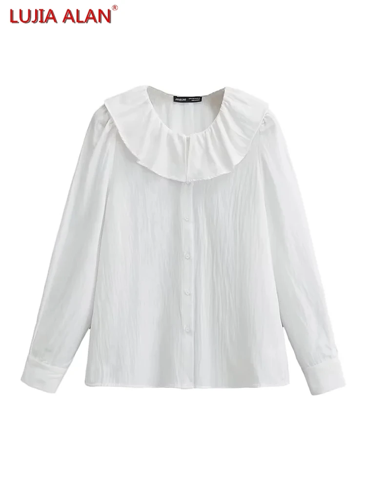 

Новая женская белая рубашка с рюшами на воротнике, повседневная женская блузка с длинным рукавом, свободные топы в стиле ретро, LUJIA ALAN B1132