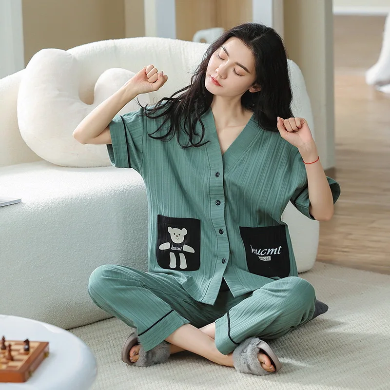 Новинка хлопковый летний кардиган с коротким рукавом длинные штаны Женский