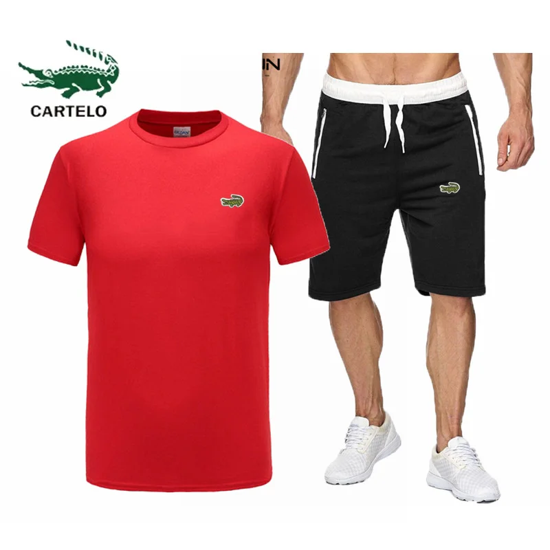 High quality luxury 2023 summer new men's short sleeve T-shirt + shorts set fashion solid color T-shirt men
