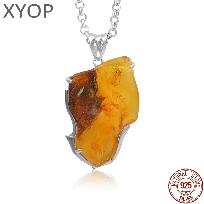 

XYOP One of a Kind, Just One Natural Red Yellow Resin Amber 925 Sterling Silver Pendant Necklace