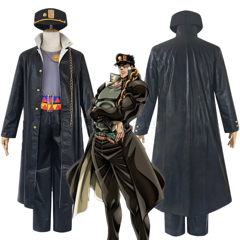 

5pcs Anime JoJo's Bizarre Adventure Cosplay Kujo Jotaro Leather Trench+Pant+Hat Uniform Set Men Women Halloween Costume C188M136