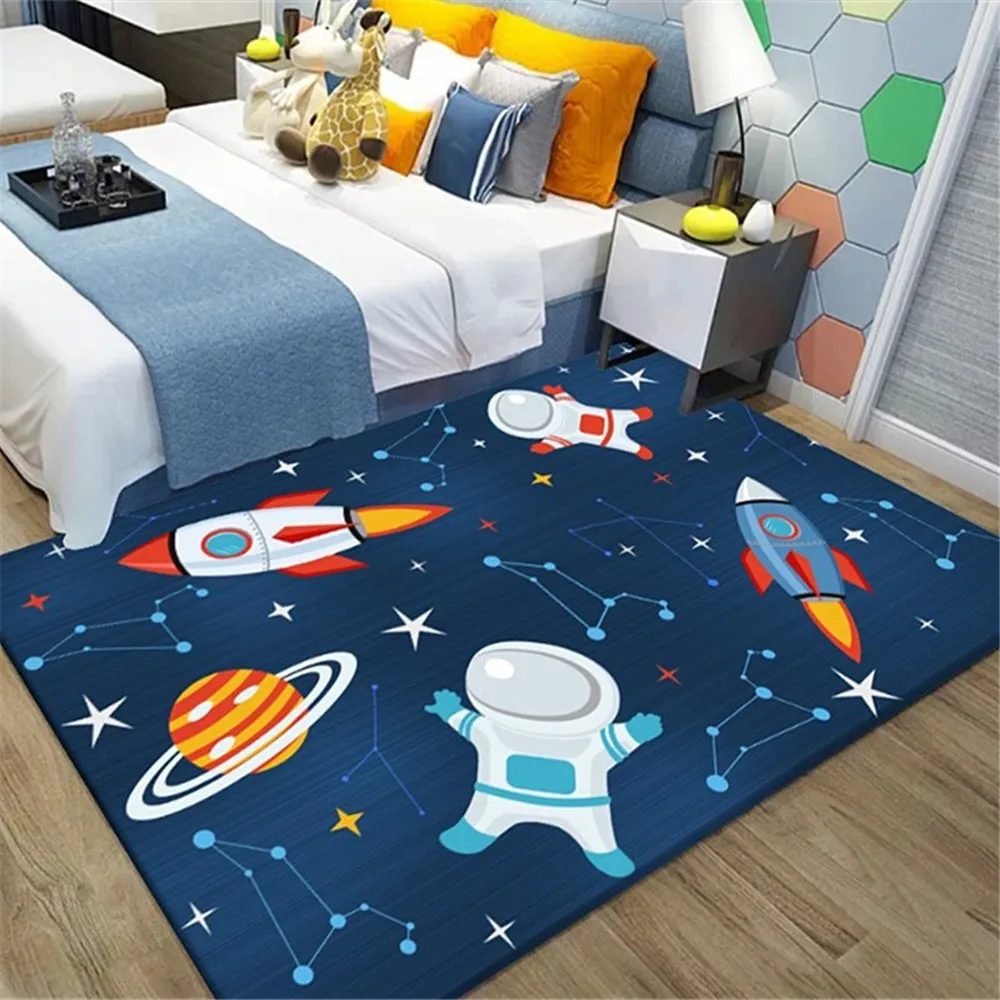 

Rugs Cartoon Astronaut Mats Mat Living Bedroom Room Carpets For Floor Area Kitchen Children's Crawling Rocket Rug