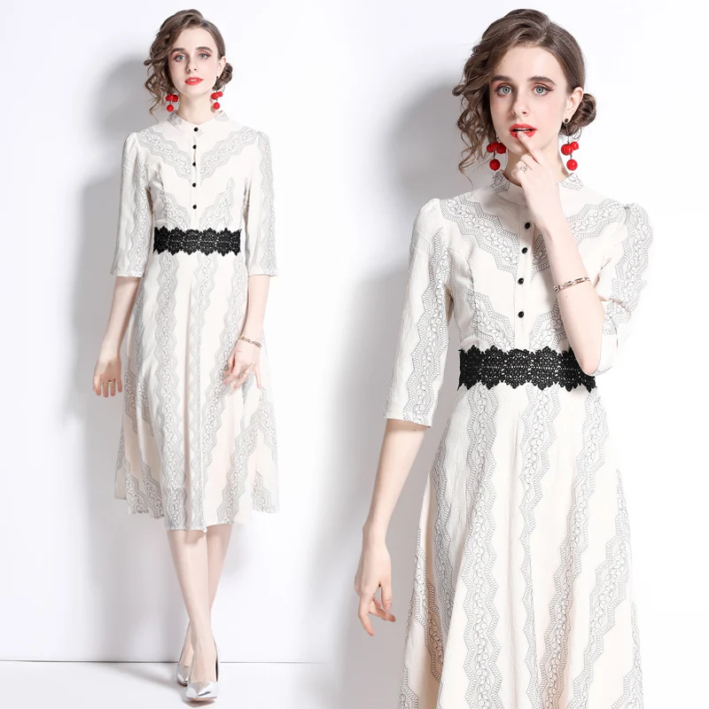 

Design Lace Belted Embroidery Flower Knee-Length Lace Dress Elegant O-Neck White Office Lady Tunic Party Chic Ins Runway Dresses