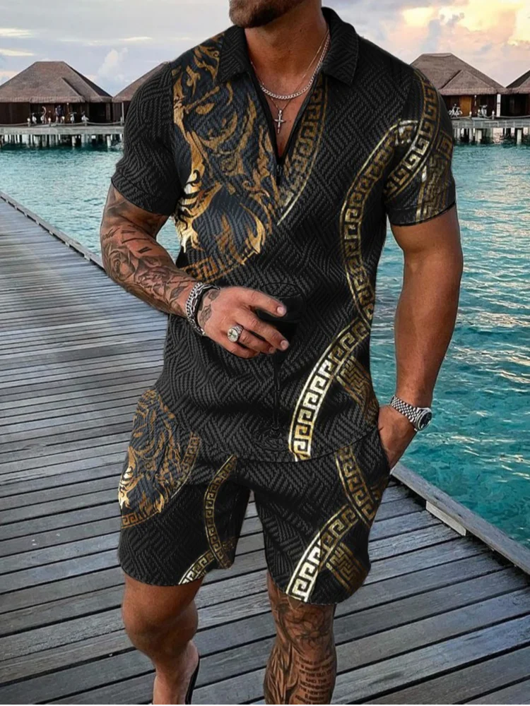 Men Summer Suit With Polo Shirt Vintage Summer Short Sleeve  two-Piece Set Male Clothing Streetwear Polo Outfits for Men