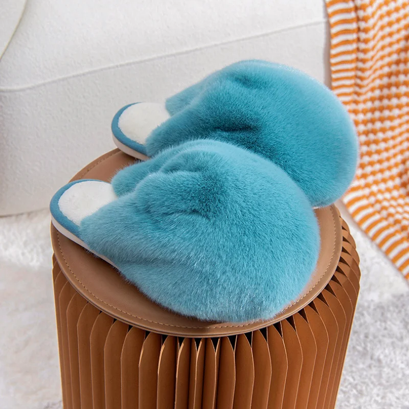 Women Winter Furry  Slippers Cute Faux Fur Fuzzy Big Fluffy Slides Bedroom Soft Anti-Slip Sole Warm Plush Shoes Chaussure House