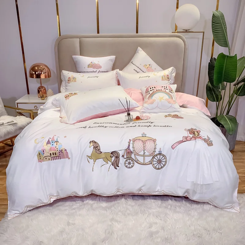 

Cartoon Princess White Lace Skirt Castle Embroidery Girls Silk Cotton Bedding Set Soft Silky Duvet Cover Bed Sheet Pillowcases