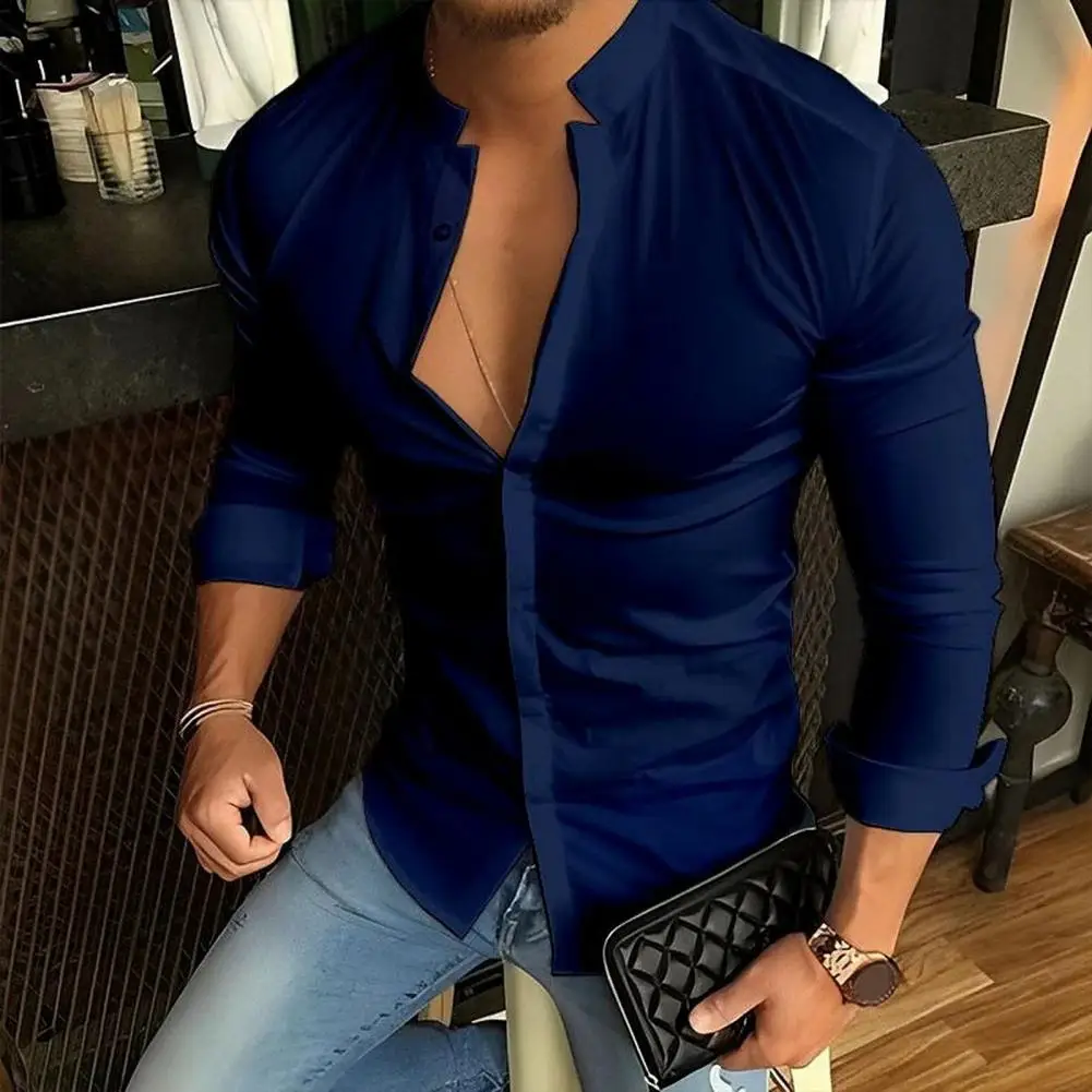 

Men Long Sleeve Shirt Stylish Men's Stand Collar Slim Fit Shirt Soft Breathable Fabric Solid Color Ideal for Casual or Formal