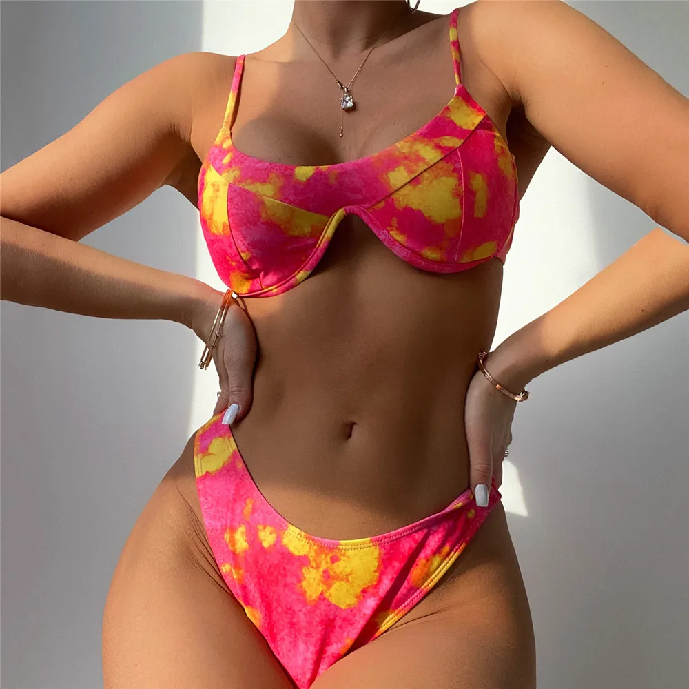 

Sexy Push Up Swimsuits Women Bikinis 2022 Mujer Tie Dye Print Swimwear Bathing Suit Thong Biquini Beachwear Underwire Bikini Set