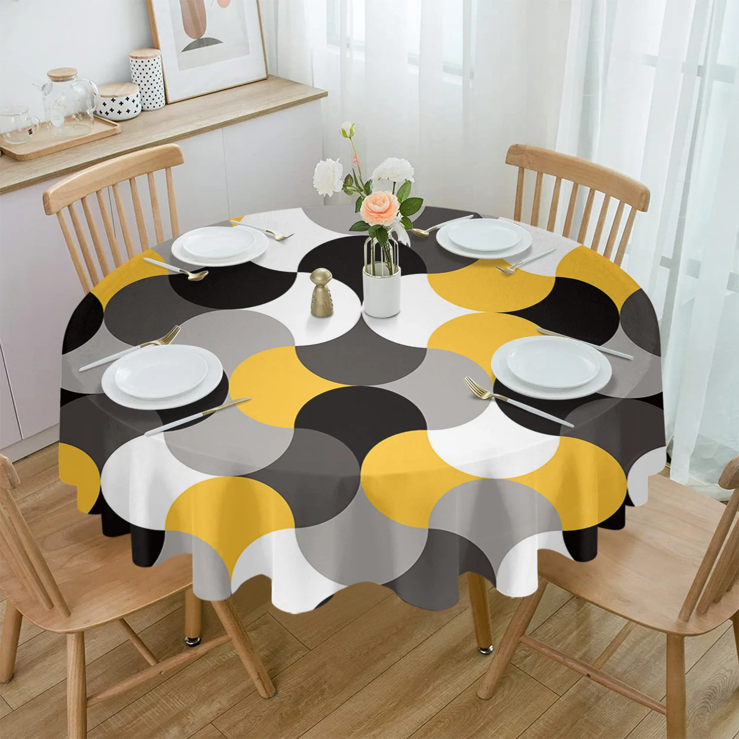 

Medieval Abstract Geometry Yellow Waterproof Tablecloth Table Decoration Round Table Cover for Kitchen Wedding Home Dining Room