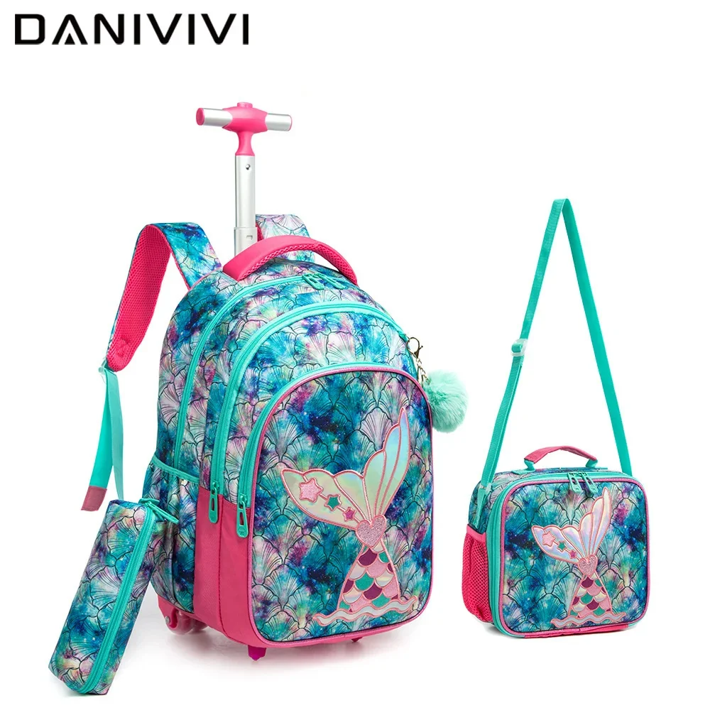 

3IN 1 School Backpack with Wheels for Children School Backpacks for Teenagers Girls Mermaid Schoolbag with Lunch Bag Pencil Case