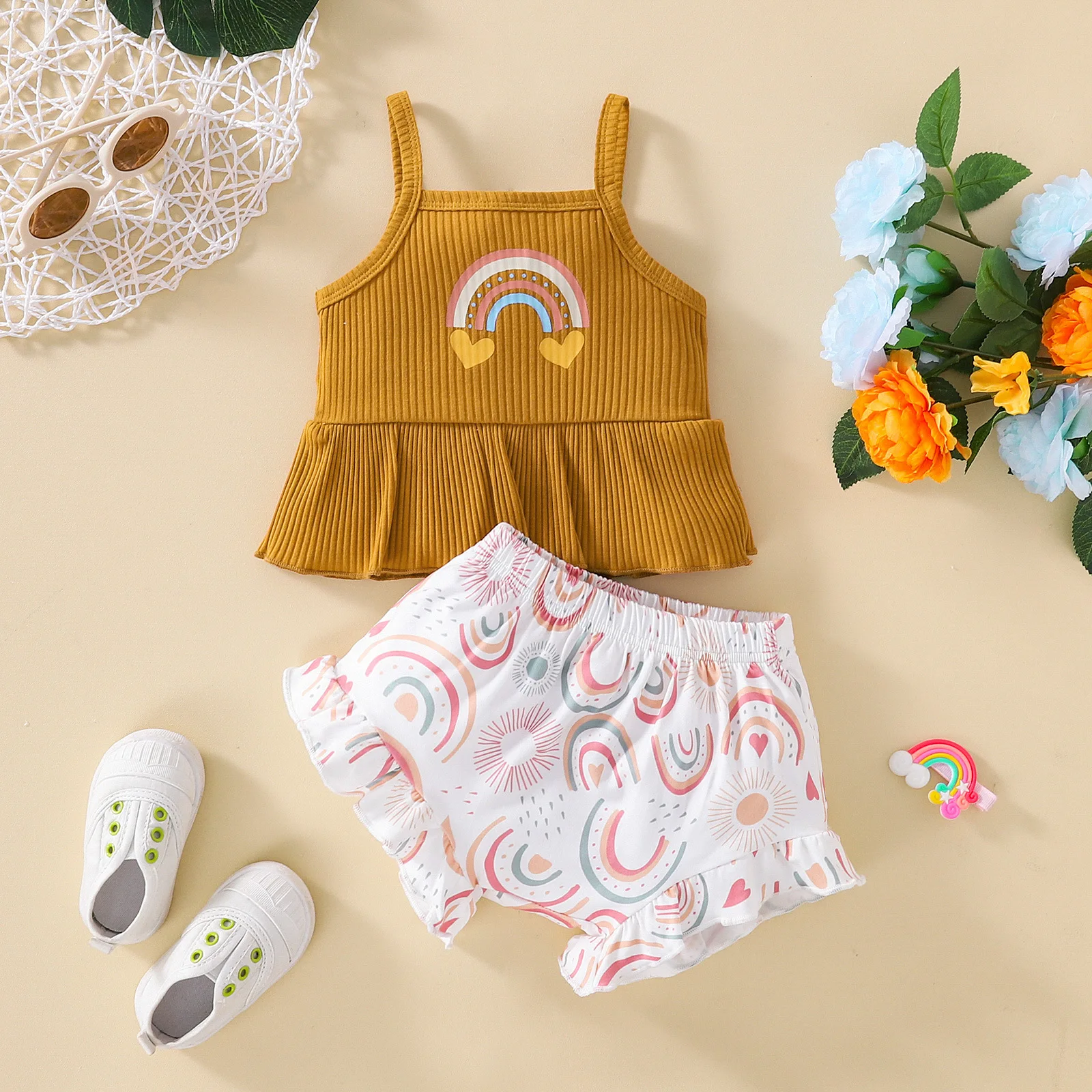 

New Baby Girl Clothes Set Summer Rainbow-print Sling Ruffle Top + Cute Printed Shorts Fashion Infant Clothing Sets