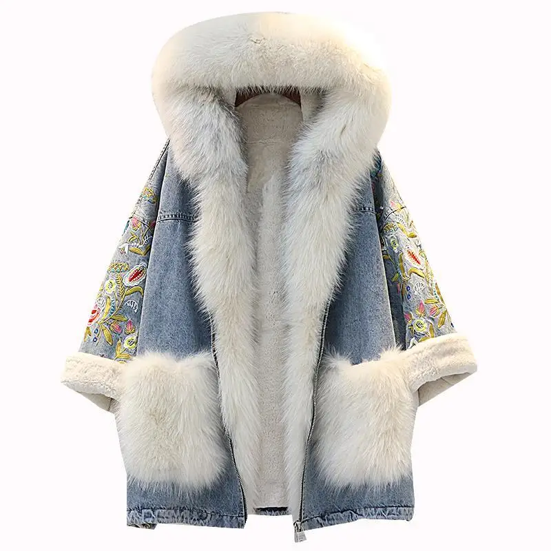 Winter Jacket Women 2022 Faux Fur Collar Hooded Embroidery Denim Coat Thicken Warm Loose Parkas Fashion Female Clothing Overcoat
