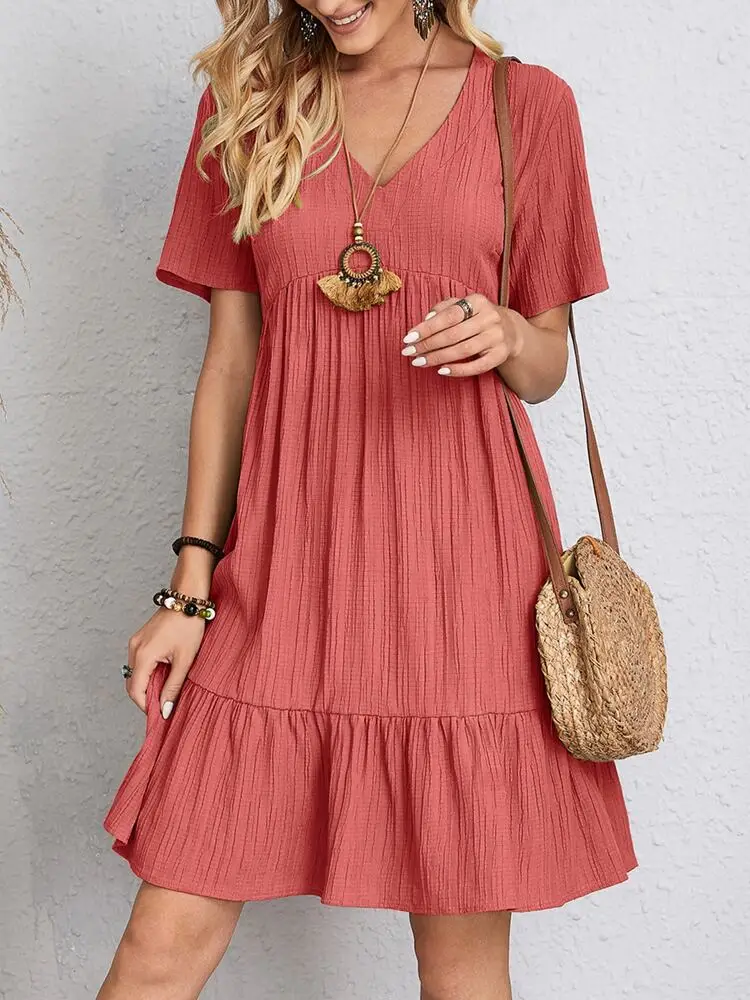 Women Vintage Mini Dresses 2023 Summer Solid Casual V Neck Ruffles Dress Ladies Boho Loose Beach Party Elegant Dresses Vestidos