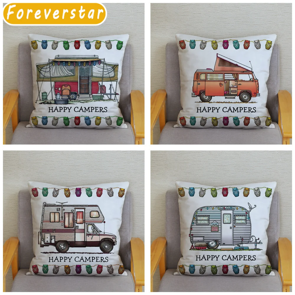 

Happy Campers Car Soft Short Plush Cushion Cover Print Pillow Covers 45*45cm Throw Pillow Case Sofa Home Decor Owl Pillowcase