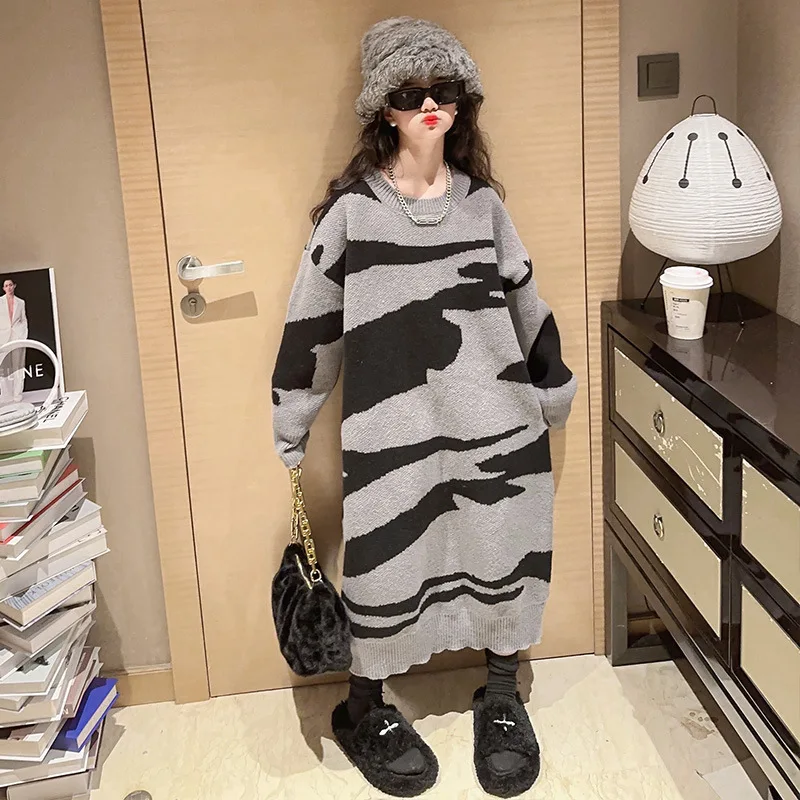 

Girls Knitted Dress Autumn Winter Grey Zebra Stripes Long Sleeve Sweater Dresses for Kids Fashion Casual Teen Children Clothes