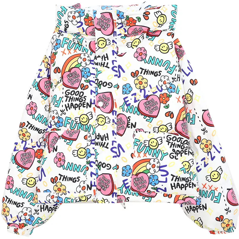 New Hooded Down Jacket Women's Skinny Graffiti Print Thickened Cotton Jacket White Duck Down Short Section Bread Clothes Jacket