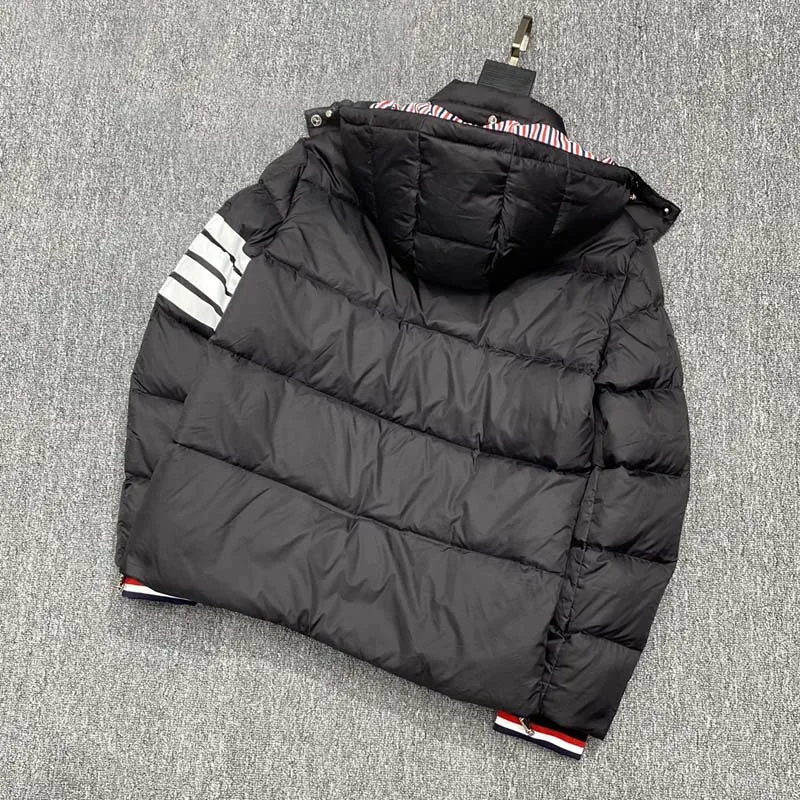 Winter Down Jacket Luxury Brand Classic White Striped Design Duck Down Jacket Korean Fashion Style Hooded Short Jacket