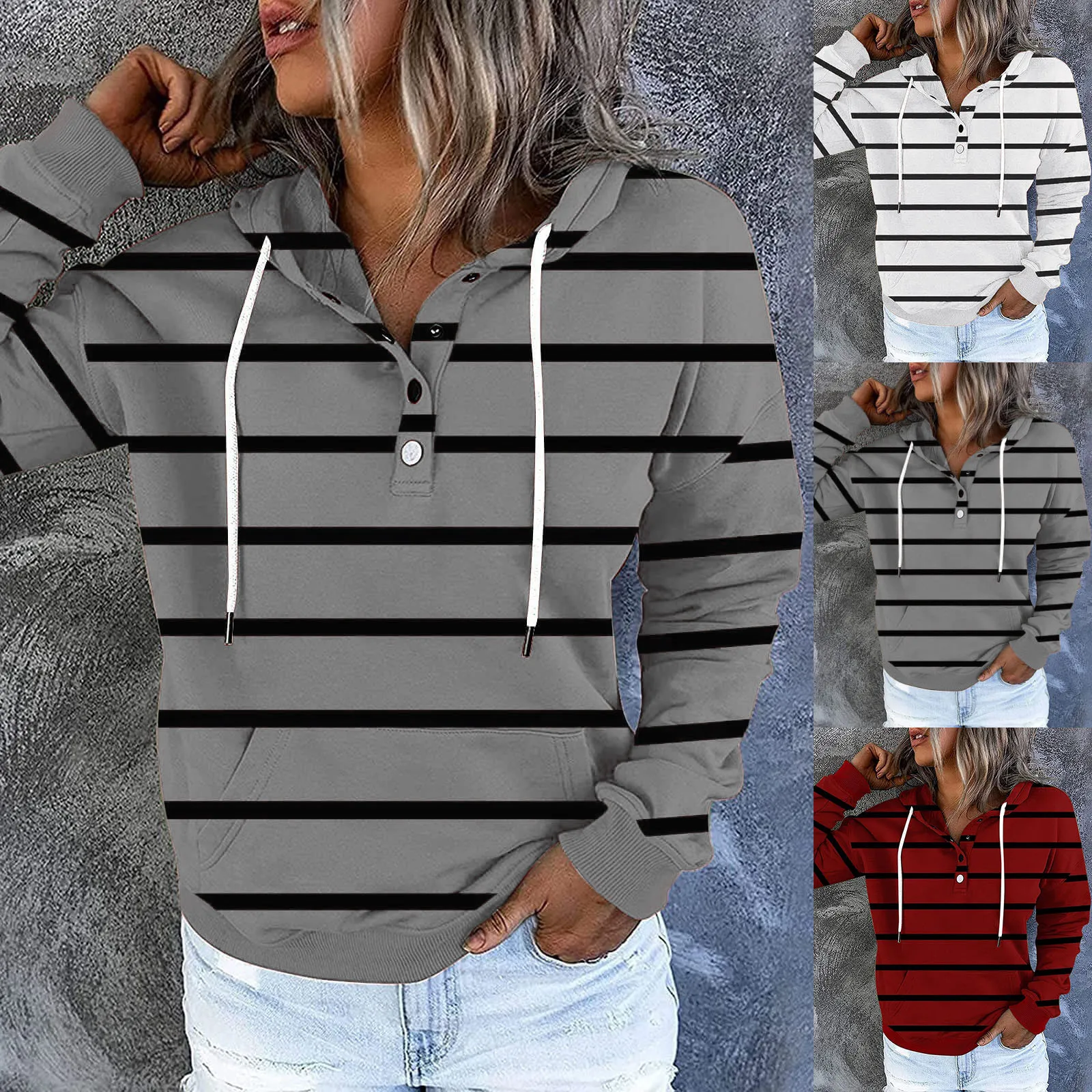 

Женские толстовки с капюшоном в полоску, повседневный спортивный костюм с большим карманом, осенние толстовки с капюшоном и длинными рукавами, толстовка для женщин