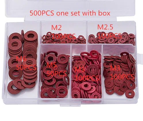 

500Pcs/set M2 M2.5 M3 M4 M5 M6 Steel Flat Pad Insulation Washers Red Paper Meson Gasket Spacer Insulating Spacers Kit HW050