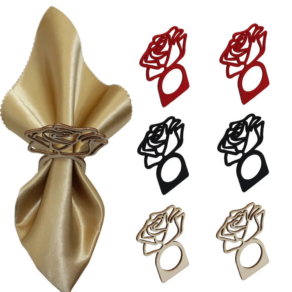 

3 Colors Wooden Rose Flower Napkin Ring Hollow Napkin Holder Wedding Valentine's Day Napkin Buckle Party Table Decoration