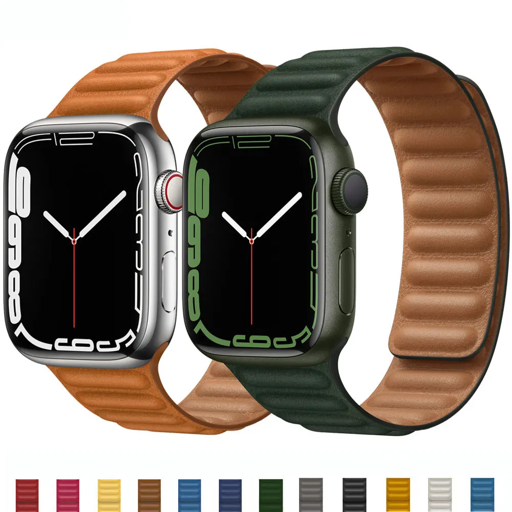 

Ремешок кожаный для Apple Watch Band, магнитный браслет для iWatch Series 3 5 4 SE 6 7, 45 мм 41 мм 44 мм 40 мм 42 мм 38 мм