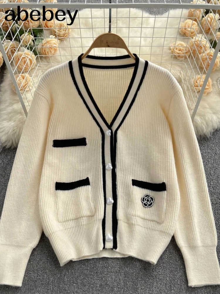 

Autumn Women Sweater Cardigan Fashion Splice V Neck Knitted Female Cardigan Casual Women Sweater Coat 2022