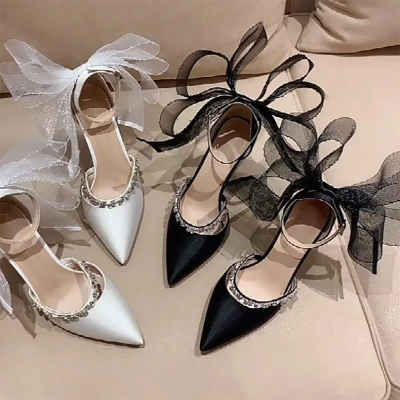 Стразы туфли с бантом женские на шпильках острым носком темпераментные