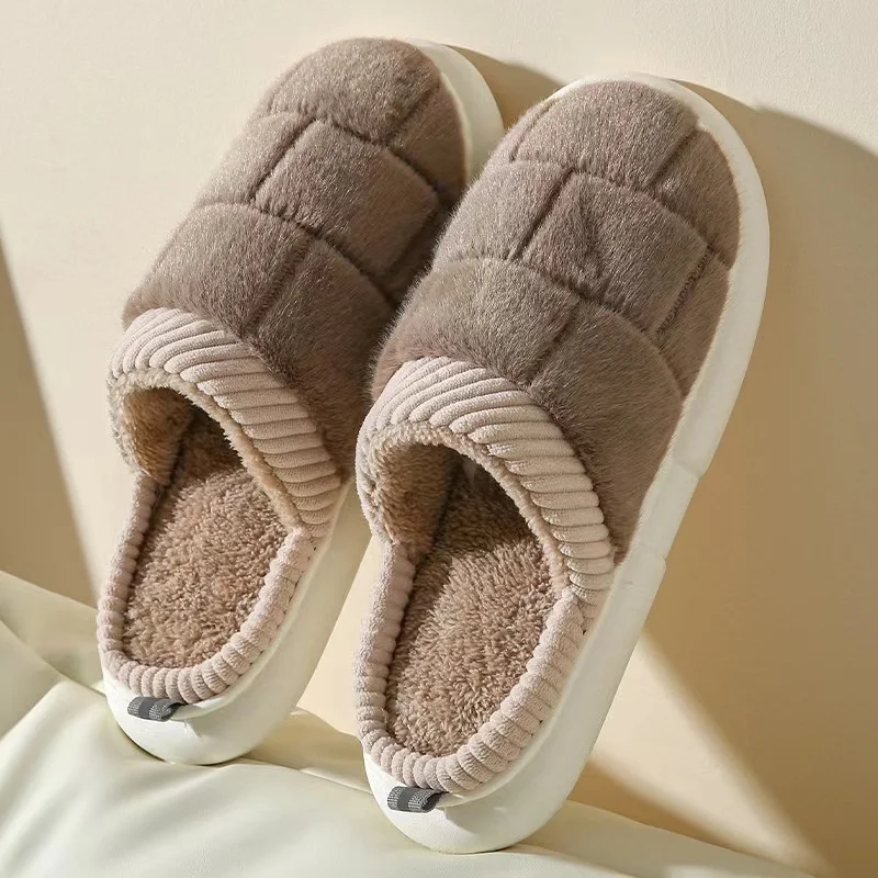 2023 Winter New Home Women's Slippers Fashion Square Checker Warm Cotton Slippers Plush Cotton Shoes Couple Floor Slippers