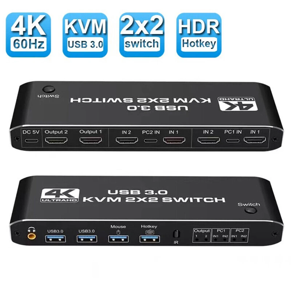

Dual Monitor HDMI-Compatible KVM Switch 2x2 USB3.0 Switcher 2 In 2 Out 4K 60Hz Mixed Display 2 Monitors 2 Computer For PC Laptop