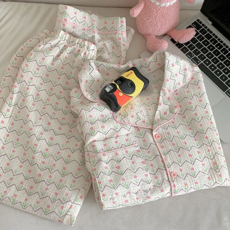 2 Piece Women Set Spring Autumn Long Sleeve Pajamas for Woman Cotton Fashion Sleepwear Flowers Floral Print Sweet Pajama Set
