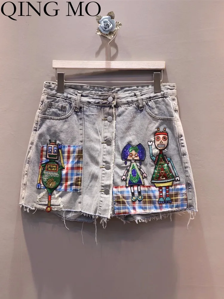 

QING MO 2023 Summer New Heavy Industry Cartoon Patch High Waist Denim Shorts Women Trendy Fashionable Loose Short Jeans ZXF2787