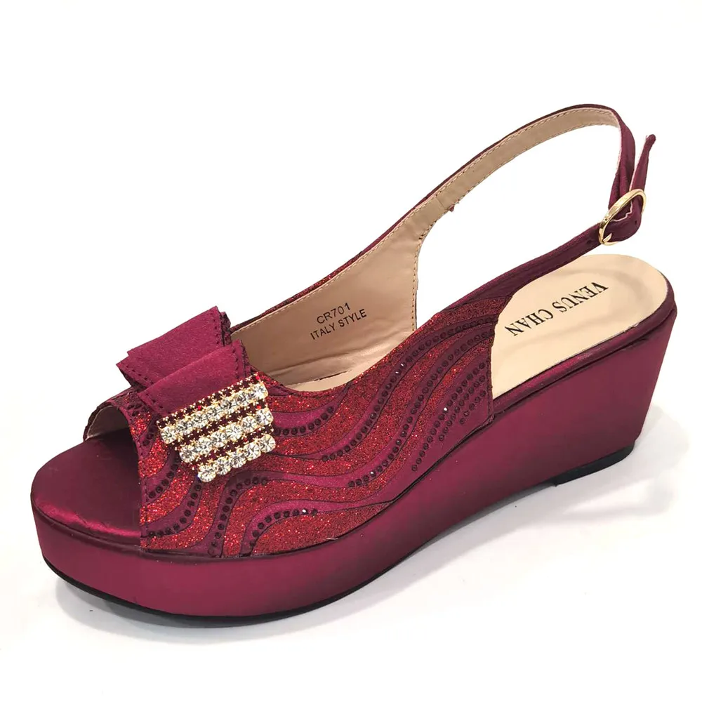 Venus Chan 2023 Elegant Chunky Wedges High Heels for Ladies Wine Color Rhinestone Striped Shiny PatchBag and Shoes Matching Set