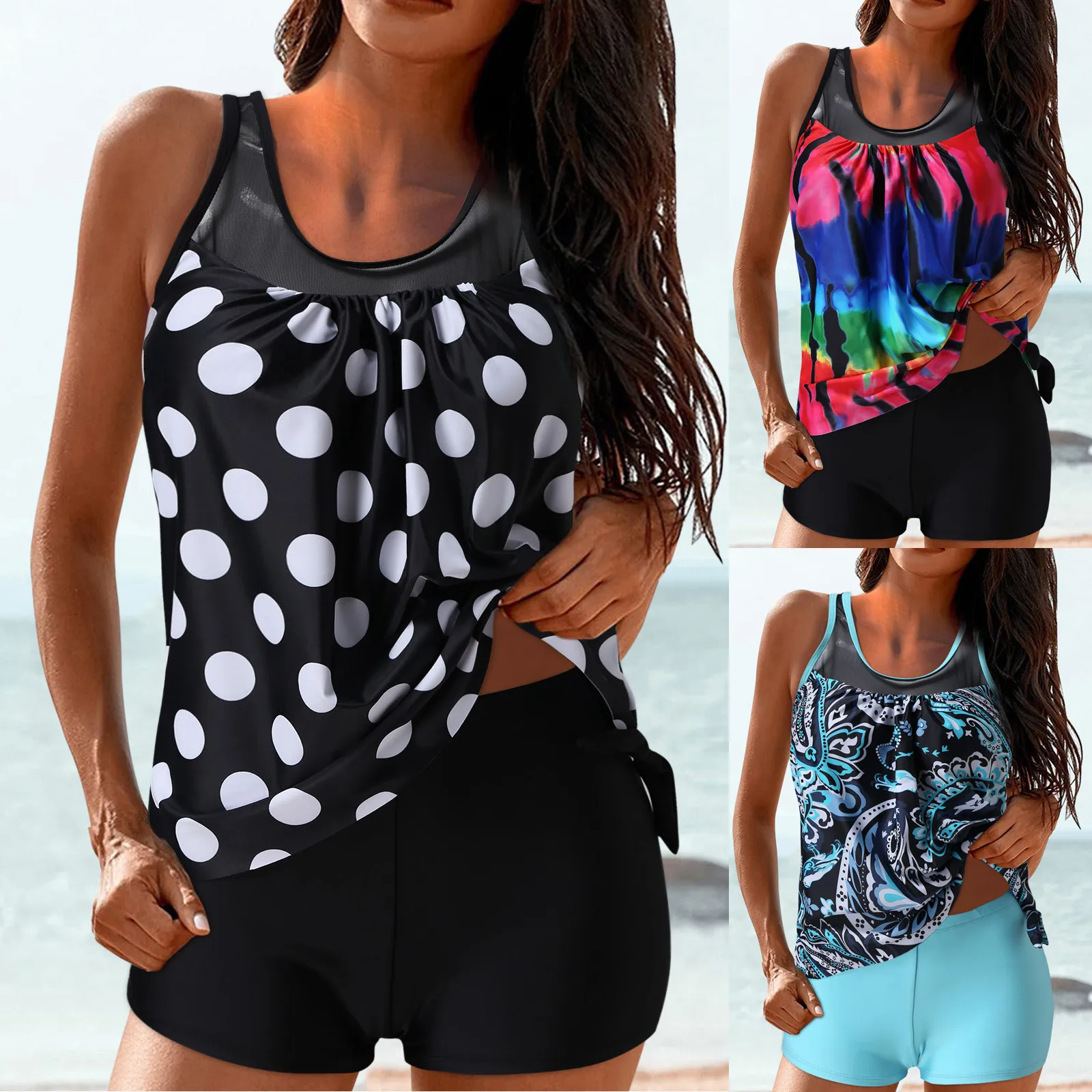 

Polka dots Bikinis Sexy Womens Two Piece Tankini Swimsuits For Women Striped Tank Top With Boyshorts Tummy Control Bathing Suits