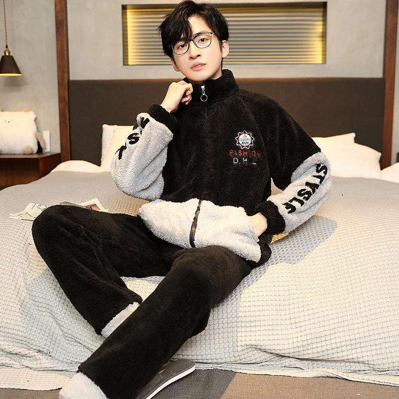 QIHENG 5XL Winter Men Pajamas Set Flannel Coral Fleece Thick Sleepwear Turtleneck Zipper Warm Nightwear Large Size Loungewear