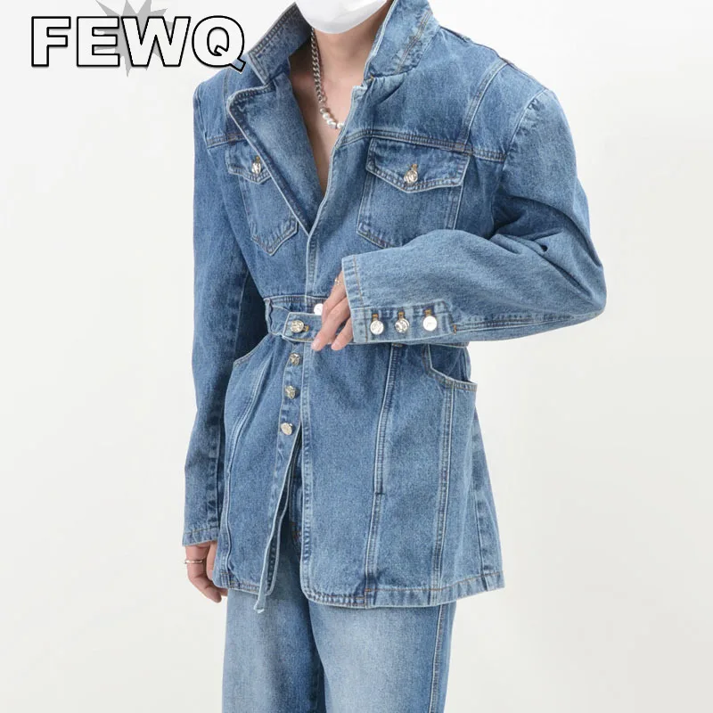 

FEWQ V-neck Lace Up Men's Denim Jackets High Street Niche Design Coats Long Sleeve Male Autumn 2023 New Stylish Outwear 24B3281