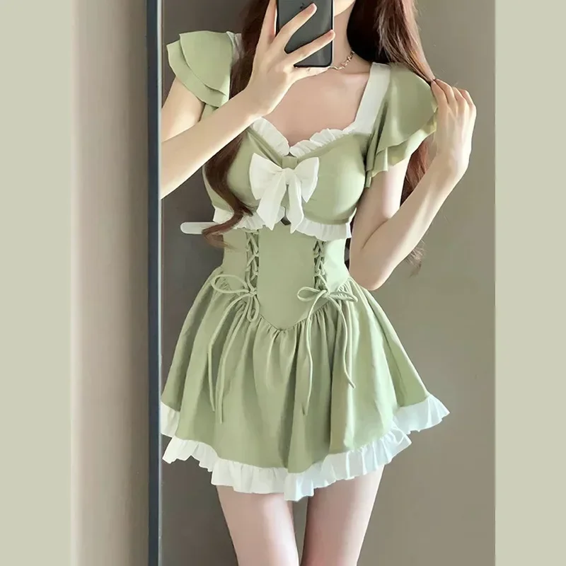 Ins Стиль сладкий милый зеленый купальник женский летний консервативный цельные