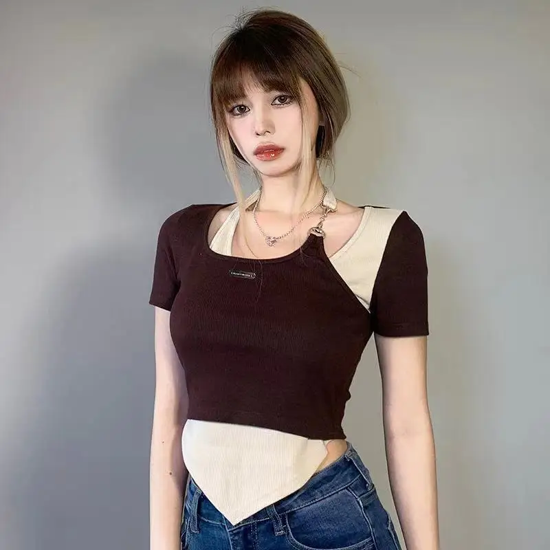 

Summer Fashion Irregular T Shirts Women Short Sleeve Sexy Crop Tops Ladies Casual Tees Top Female Cutout Halterneck Top T-Shirts