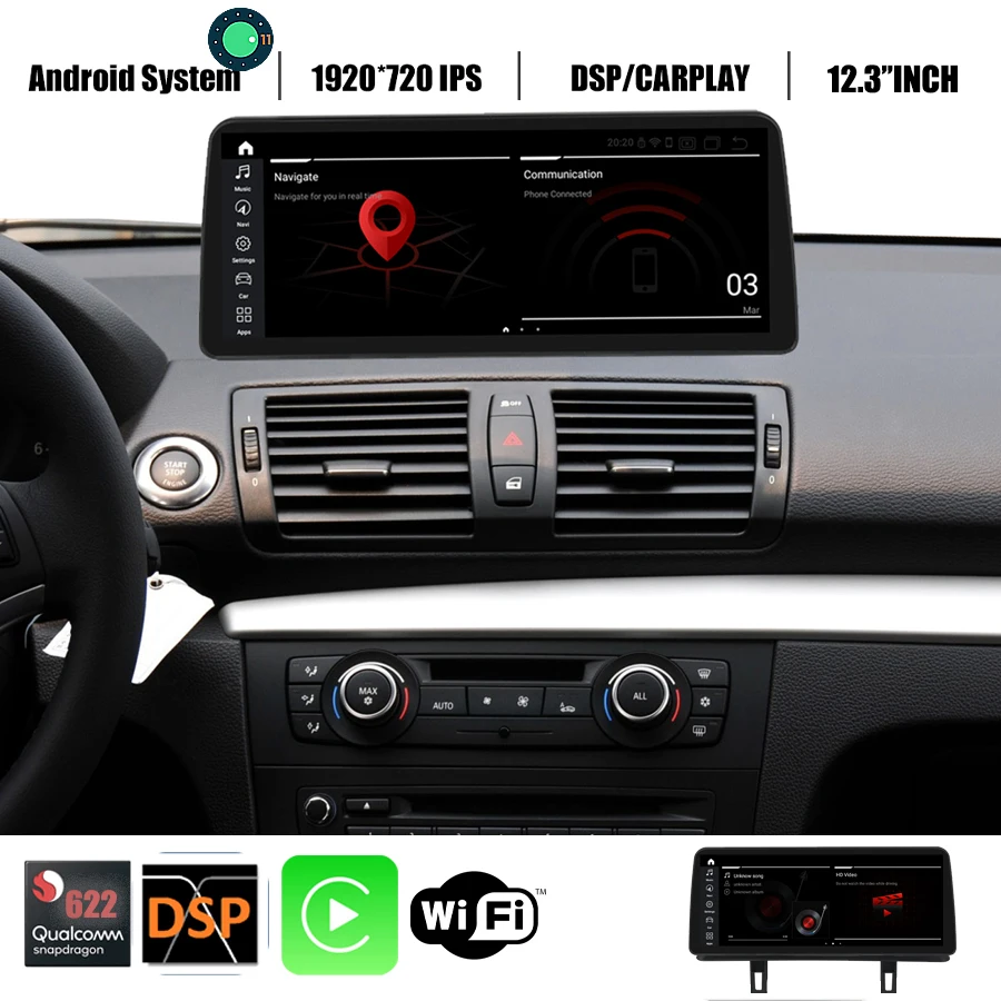 

Auto Radio 12.3''GPS Navigation Android 11 Stereo For BMW 1 Series E81 E82 E87 E88 CIC CCC Multimedia 8+256G Carplay Qualcomm662