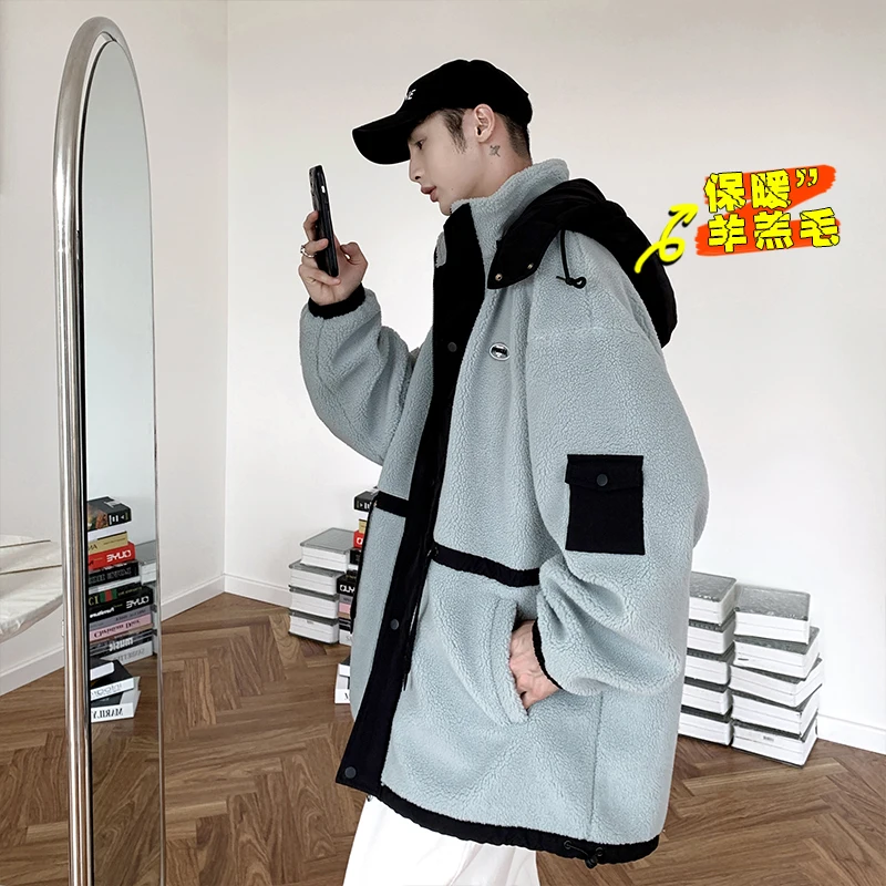 Harajuku Style Patchwork Fleece Jacket for Men Winter Fashion Trends Streetwear Teenage Oversized Hooded Coats Windproof Clothes