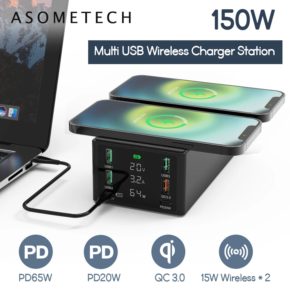

150W Quick Charge 3.0 USB Charger Dual Qi Fast Wireless Charger For iPhone Macbook Xiaomi Samsung Phone PD Fast Charging Station