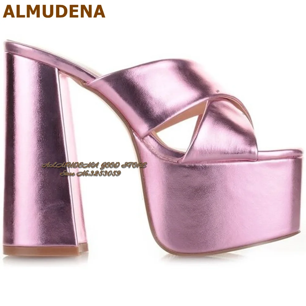 ALMUDENA Metallic Pink Matte Leather Chunky Heel Sandals High Platform Strange Block Heels Modern Slippers Slip-on Dress Shoes