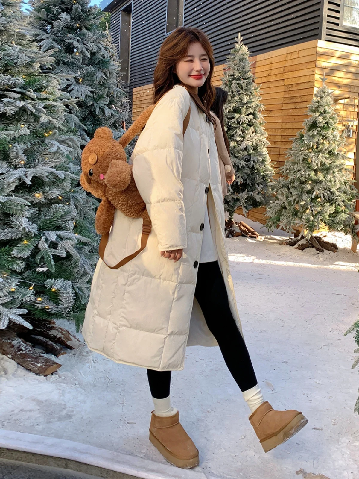 Кремово-белый легкий пуховик женский зимний новый свободный повседневный