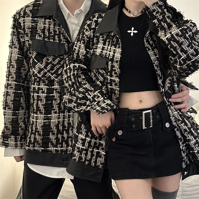 

Autumn Woven Plaid Pattern Jacket Men Women Japanese Casual Loose Color Block Pocket Varsity Coat High Street Fashion Outwear