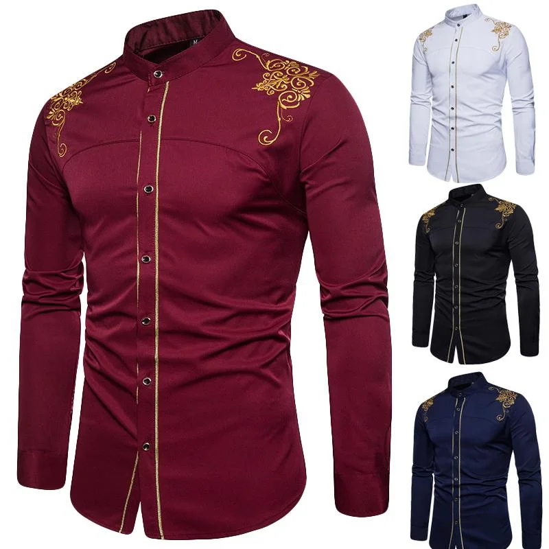 

High Quality Men's Stand-up Collar Shirt Court Embroidered Long-sleeved Casual Shirt Men's Fashion Tops Western Denim Shirt