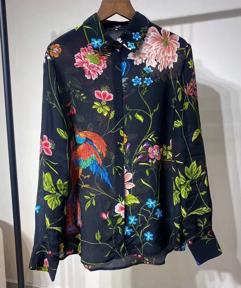 Tops Fashion Designer Blouses 2023 Spring Summer Silk Shirts Women Turn-down Collar Charming Floral Print Long Sleeve Shirt Silk
