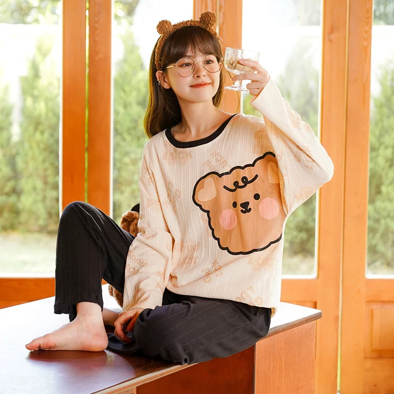 Autumn Pajamas Set Casual Sleepwear For Women Elastic Sweet Cartoon Pyjama Women's Fashion Homewear Clothes Big Size