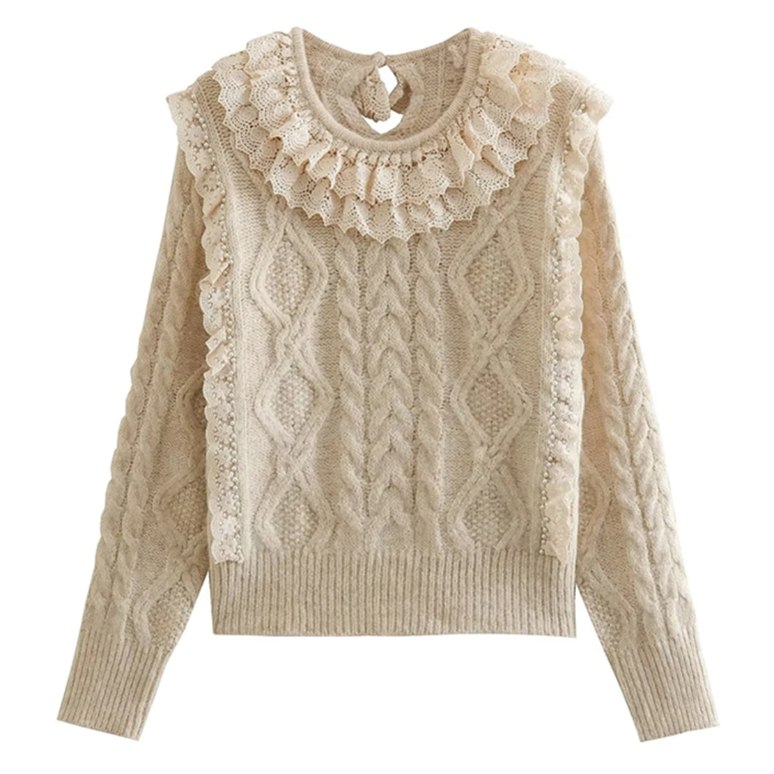 

Elmsk Indie Folk Cascading Ruffles Knitwear Pullovers Women Fashion Elegant Pearls Sweaters