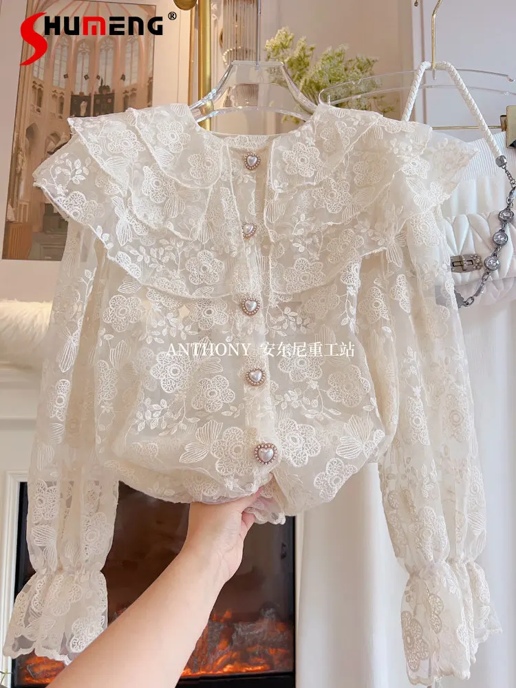 

Korean-Style Women's Jacquard Embroidered Lace Blouse 2023 Spring Elegant Doll Collar Three-Layer Single-Breasted Shirt and Top